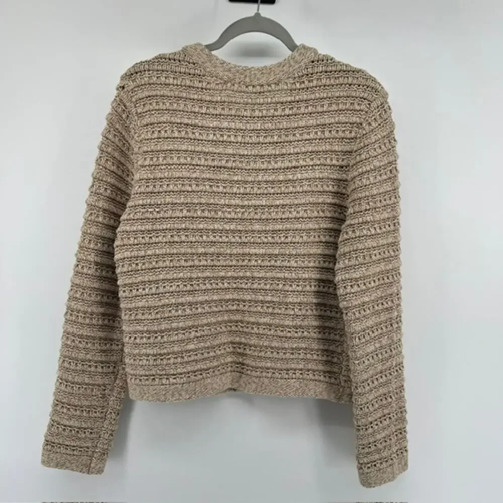 LOFT Chunky Knit Cardigan Sweater Womens L Oatmeal Beige Gold Buttons Cottage